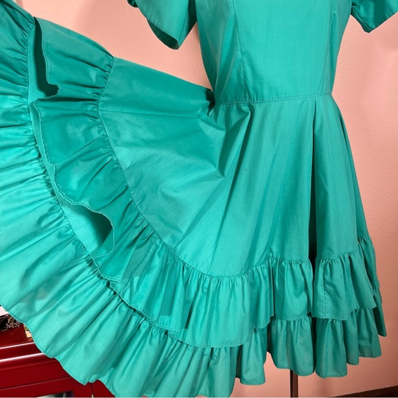 Vintage Cottagecore Full Skirt Ribbon detail green teal Party Dress Country Sm - Picture 4 of 17